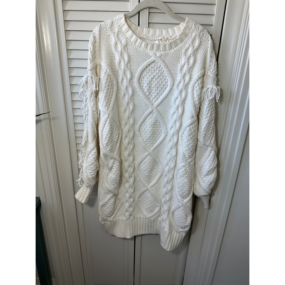 Line and Dot Cream Cable Knit Fringe Sleeve Sweater Dress LD4335L Large NWT